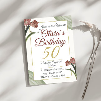 Elegant Floral 50. – Gold- und Rosé-Blume Einladung