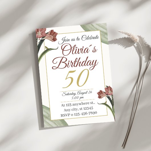 Elegant Floral 50th – Gold and Blush Flower Einladung