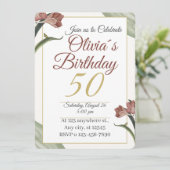 Elegant Floral 50th – Gold and Blush Flower Einladung (Stehend Vorderseite)