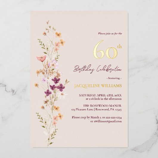 Elegant Floral 60. Geburtstag Folieneinladung (Vorderseite)