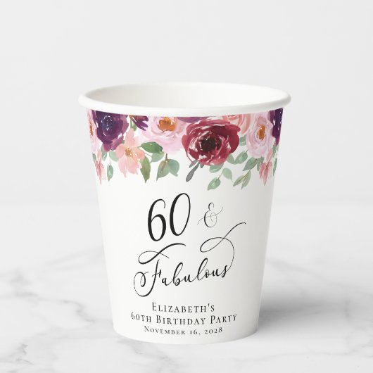 Elegant Floral 60. Geburtstagsparty Pappbecher (Vorderseite)