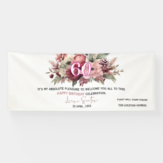 Elegant Floral 60th Happy Birthday Banner (Horizontal)