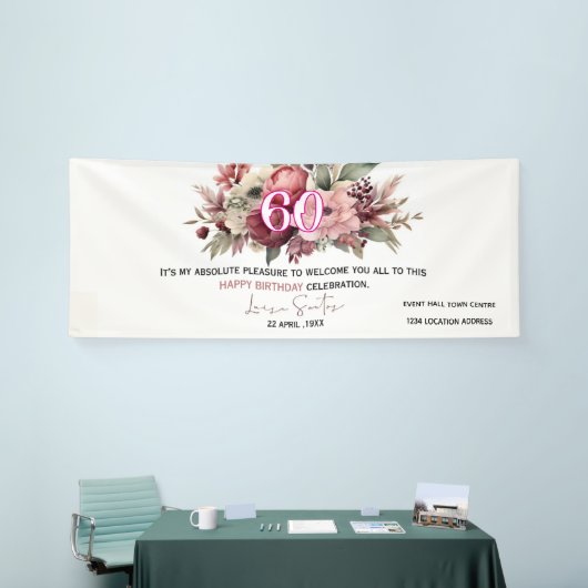 Elegant Floral 60th Happy Birthday Banner (Messeveranstaltung)