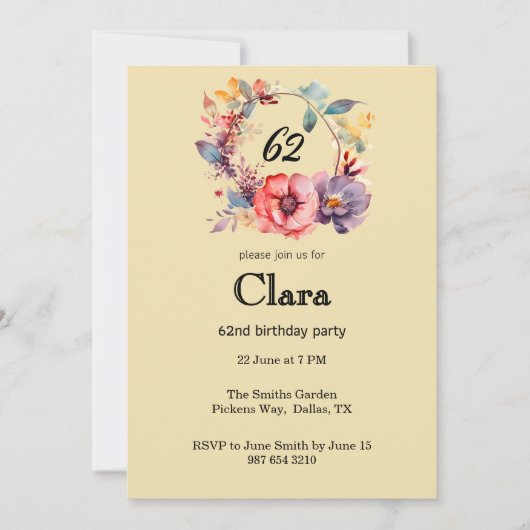 Elegant Floral 62. Geburtstagsparty Einladung (Vorderseite)