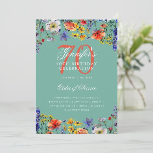 Elegant floral 70. Geburtstag Programm Menü Aquama (Stehend Vorderseite)