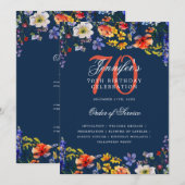 Elegant Floral 70. Geburtstag Programm Menu Navy (Vorne/Hinten)