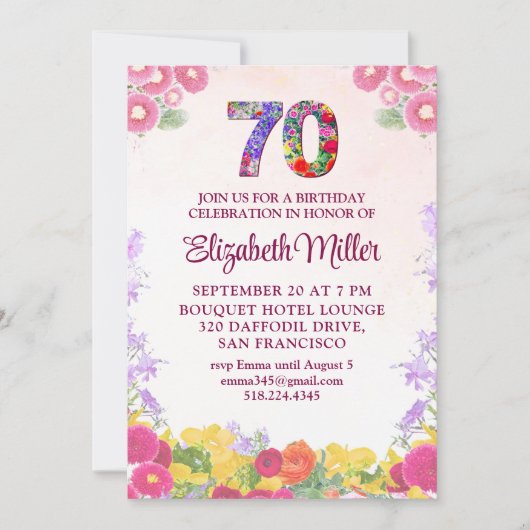 Elegant Floral 70. Geburtstagsfeier Einladung (Vorderseite)