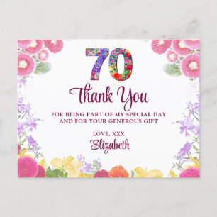 Elegant Floral 70. Geburtstagsparty / 70 Danke Postkarte