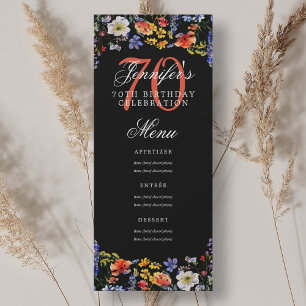 Elegant Floral 70. Geburtstagsparty Menü Black Einladung