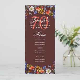 Elegant Floral 70. Geburtstagsparty Menü Burgund Einladung