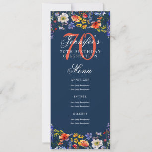 Elegant Floral 70. Geburtstagsparty Menu Navy Einladung