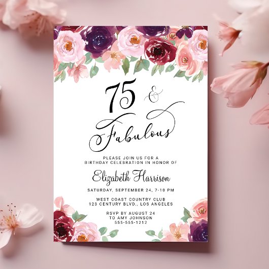 Elegant Floral 75. Geburtstagsparty Einladung