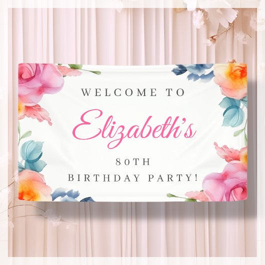 Elegant Floral 80. Geburtstag Begrüßungsbanner Banner