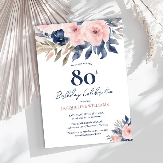 Elegant Floral 80. Geburtstag Einladung