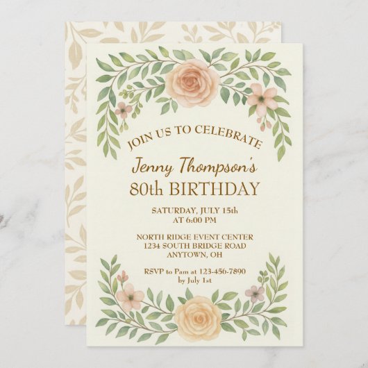 Elegant Floral 80. Geburtstagsparty Einladung (Vorne/Hinten)