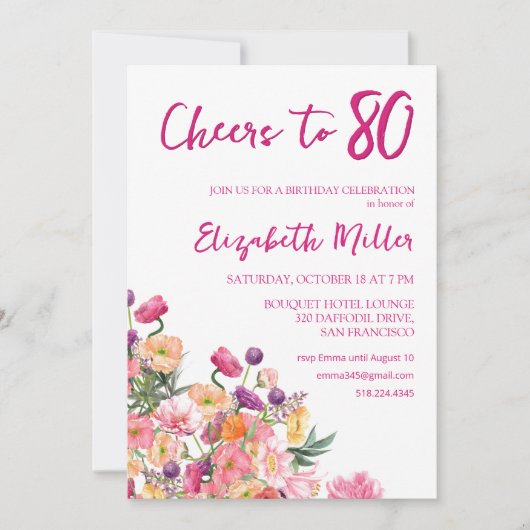 Elegant Floral 80. Geburtstagsparty Einladung (Vorderseite)