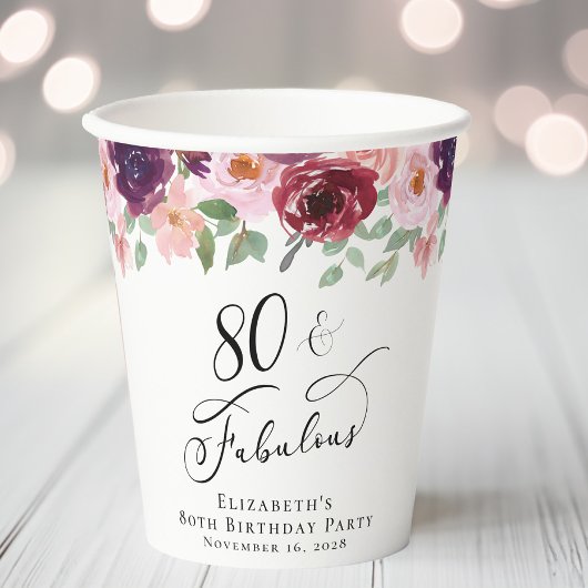Elegant Floral 80. Geburtstagsparty Pappbecher