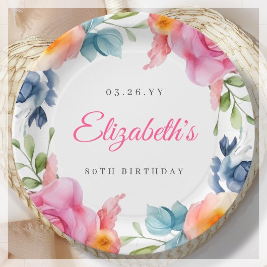 Elegant Floral 80. Geburtstagsparty Pappteller