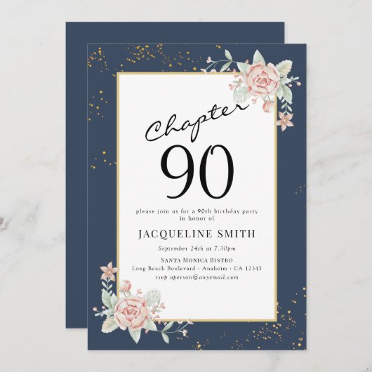 Elegant Floral 90. Geburtstag Einladung (Vorne/Hinten)
