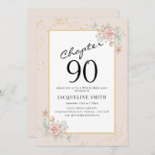 Elegant Floral 90. Geburtstag Einladung (Vorne/Hinten)