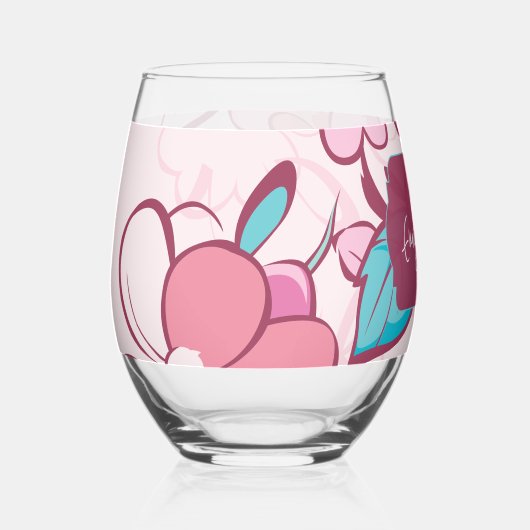 Elegant Floral Abstract Pink Blue Custom Name Weinglas Ohne Stiel (Vorderseite)