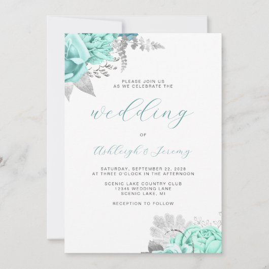 Elegant Floral Aqua Silver QR Code Wedding Einladung (Vorderseite)
