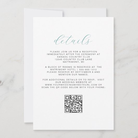 Elegant Floral Aqua Silver QR Code Wedding Einladung (Rückseite)