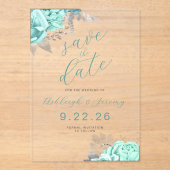 Elegant Floral Aqua Silver Save the Date Acryleinladungen (Vorderseite)
