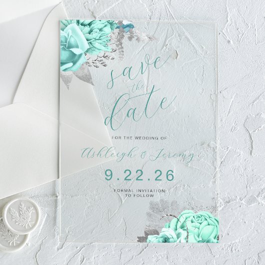 Elegant Floral Aqua Silver Save the Date Acryleinladungen