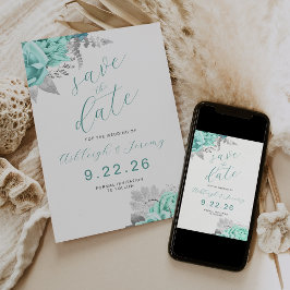 Elegant Floral Aqua Silver Save the Date Einladung