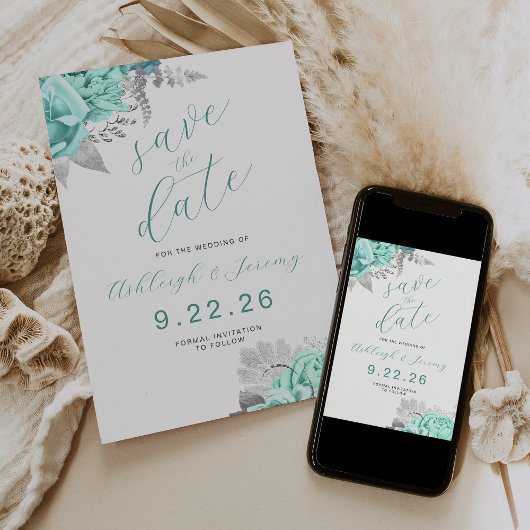 Elegant Floral Aqua Silver Save the Date Einladung