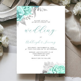 Elegant Floral Aqua Silver Script Wedding Einladung
