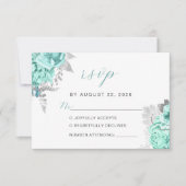 Elegant Floral Aqua Silver Script Wedding RSVP Karte (Vorderseite)