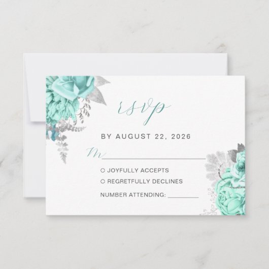 Elegant Floral Aqua Silver Script Wedding RSVP Karte (Vorderseite)