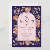 Elegant Floral Arch Navy Blue Blush Pink Wedding Einladung (Vorderseite)
