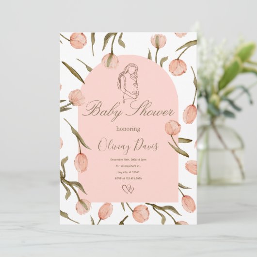 Elegant Floral Baby Shower Invitation – Pink Tulip (Stehend Vorderseite)