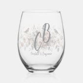 Elegant floral bird Monogram Script Name Bridal Sh Weinglas Ohne Stiel (Vorderseite)