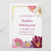 Elegant Floral Birthday Invitation with Gold Frame Einladung (Vorne/Hinten)