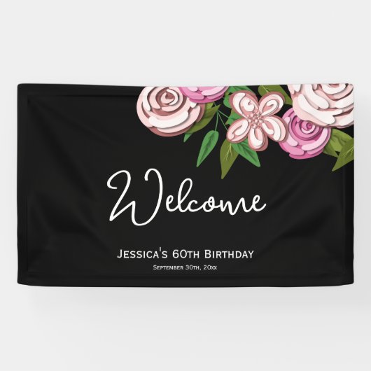 Elegant Floral Black 60. Geburtstag Willkommen Banner (Horizontal)