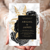 Elegant Floral Black Gold Gray Marble Wedding Einladung