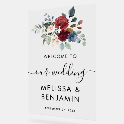 Elegant Floral Bloom Burgundy Script Wedding Acrylschild (Winkel)