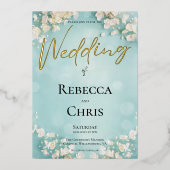 Elegant Floral Blue Bokeh Wedding Gold Folieneinladung (Vorderseite)