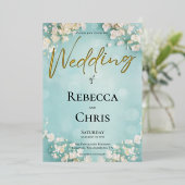 Elegant Floral Blue Bokeh Wedding Gold Folieneinladung (Stehend vorne)