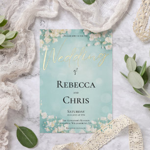 Elegant Floral Blue Bokeh Wedding Gold Folieneinladung