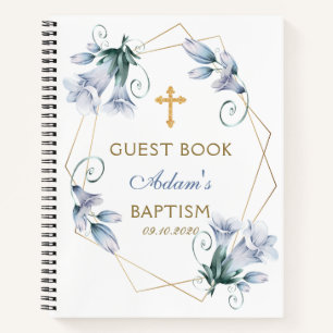 Elegant Floral Blue Boy Baptism Gästebuch Notizblock