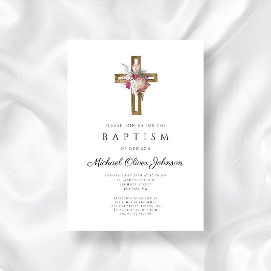 Elegant Floral Boho Cross Taufe Einladung
