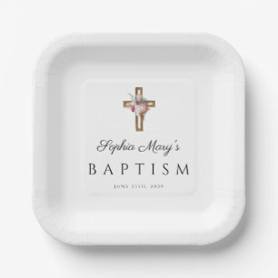 Elegant Floral Boho Cross Taufe Pappteller
