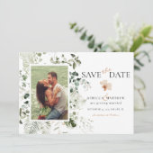 Elegant Floral Boho Greenerity Wedding Foto Save The Date (Stehend Vorderseite)