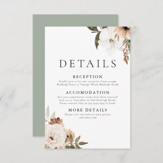 Elegant Floral Boho Hochzeitdetails Begleitkarte (Vorne/Hinten)