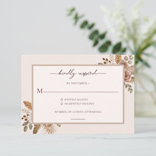 Elegant Floral Boho Wedding RSVP Response Card (Stehend Vorderseite)
